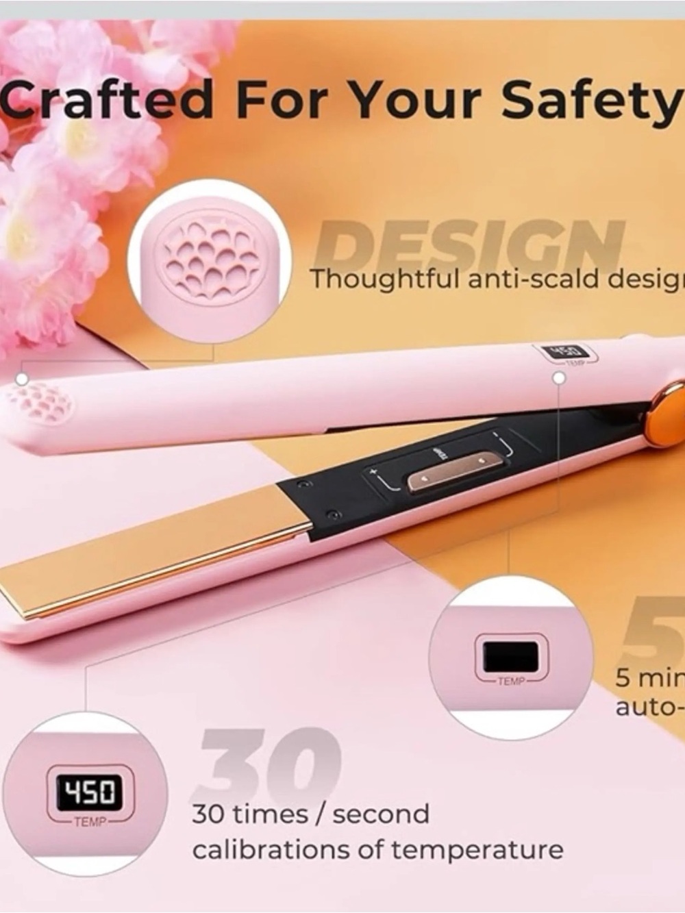 TYMO Pink Ceramic Hair Straightener Flat Iron with Gold Plates